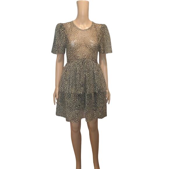 Zara Size S Leopard Print Sheer Tulle Ruffle Flounce Tiered Dress Tan Black Mini - Picture 1 of 12